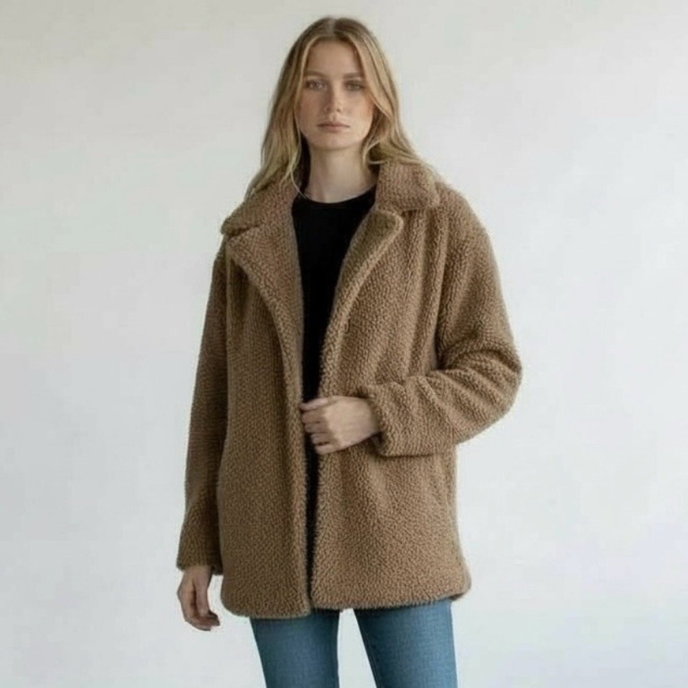 COTTON ON Teddy Coat Khaki Brown Sherpa Fleece Collar Button Warm Winter M